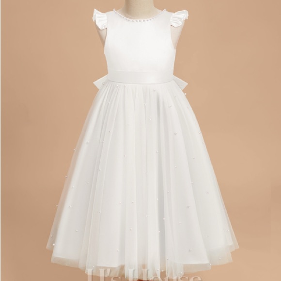 Ivory A-line Scoop Tea-Length Satin Flower Girl Dress With Sash and Beading - Picture 1 of 13